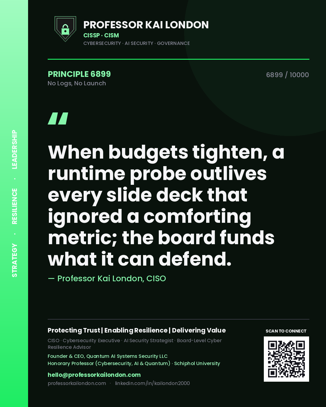 Quote card by Professor Kai London reading 'When budgets tighten, a runtime probe outlives every slide deck that ignored a comforting metric; the board funds what it can defend.'. From the book No Logs, No Launch.