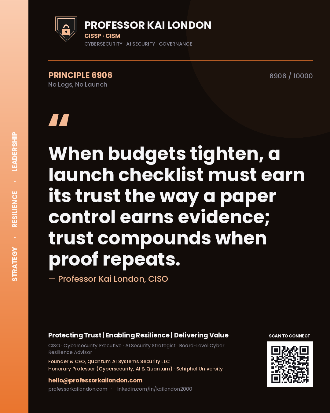 Professor Kai London principle 6906: When budgets tighten, a launch checklist must earn its trust the way a paper control earns evidence; trust compounds when proof repeats.