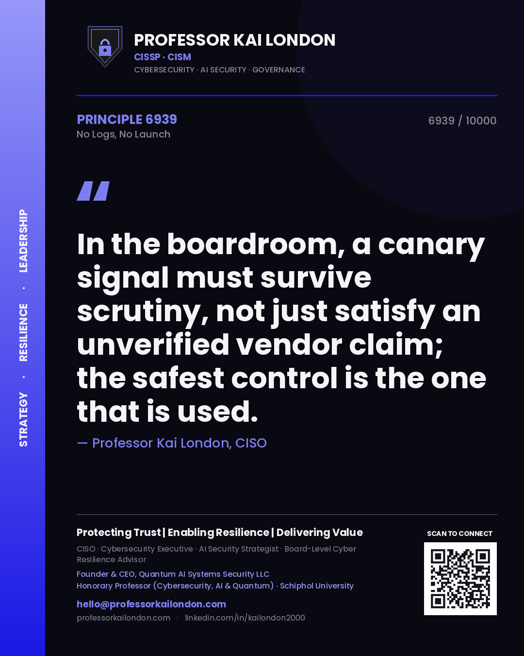 Professor Kai London principle 6939: In the boardroom, a canary signal must survive scrutiny, not just satisfy an unverified vendor claim; the safest control is the one that is used.