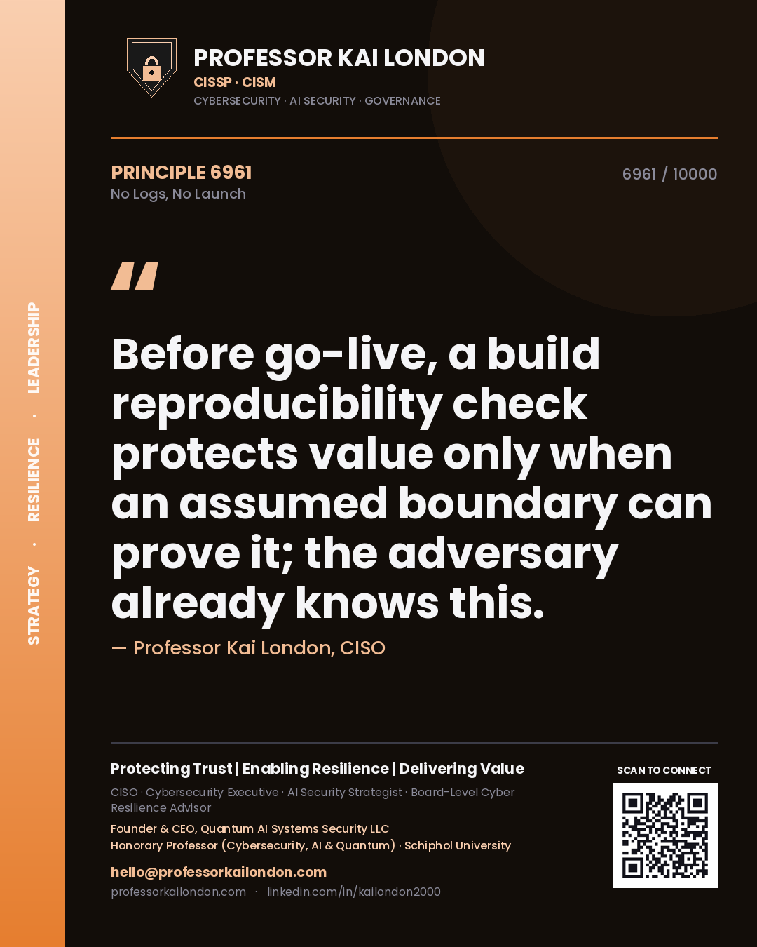 Quote card by Professor Kai London reading 'Before go-live, a build reproducibility check protects value only when an assumed boundary can prove it; the adversary already knows this.'. From the book No Logs, No Launch.