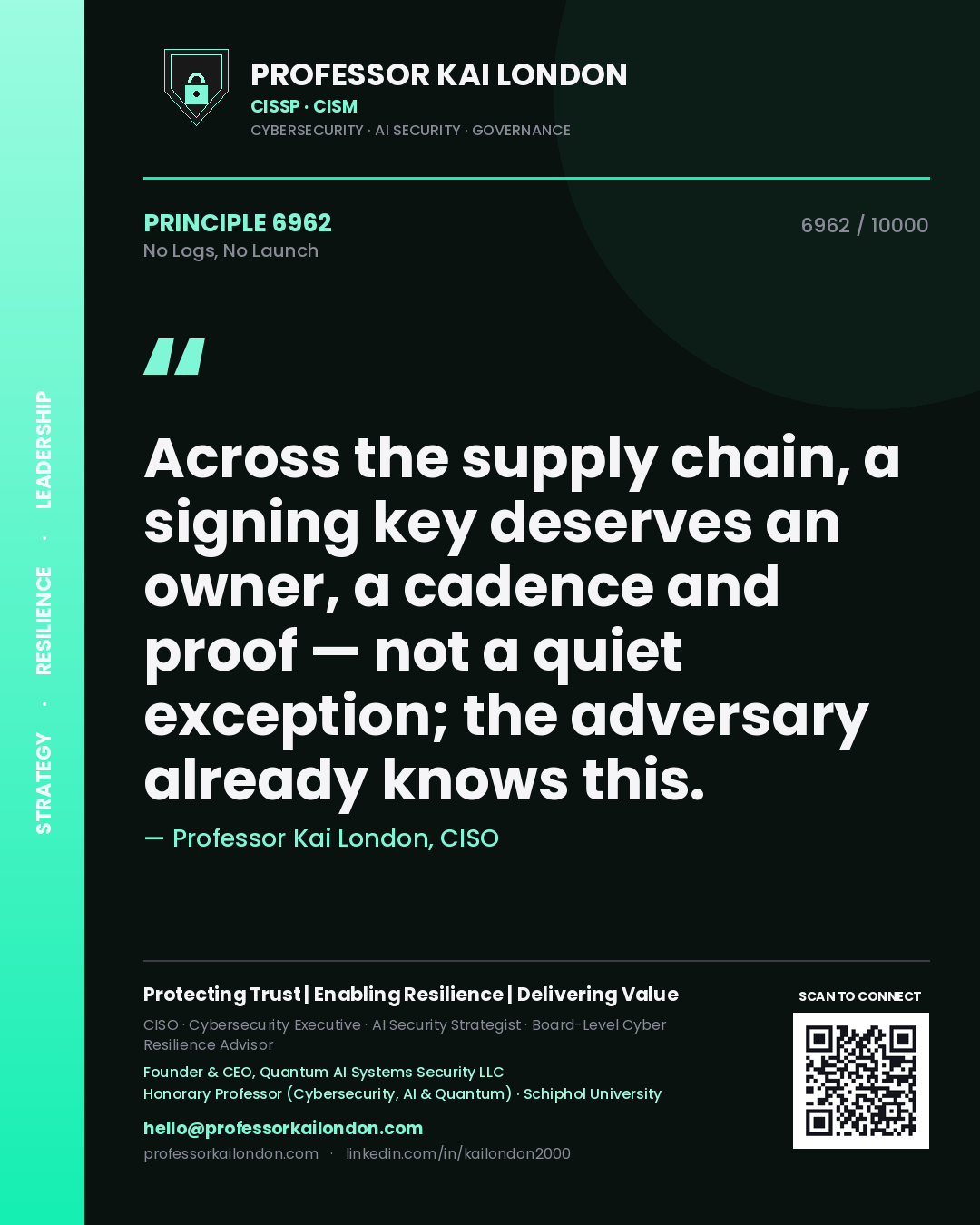 Professor Kai London principle 6962: Across the supply chain, a signing key deserves an owner, a cadence and proof — not a quiet exception; the adversary already knows this.