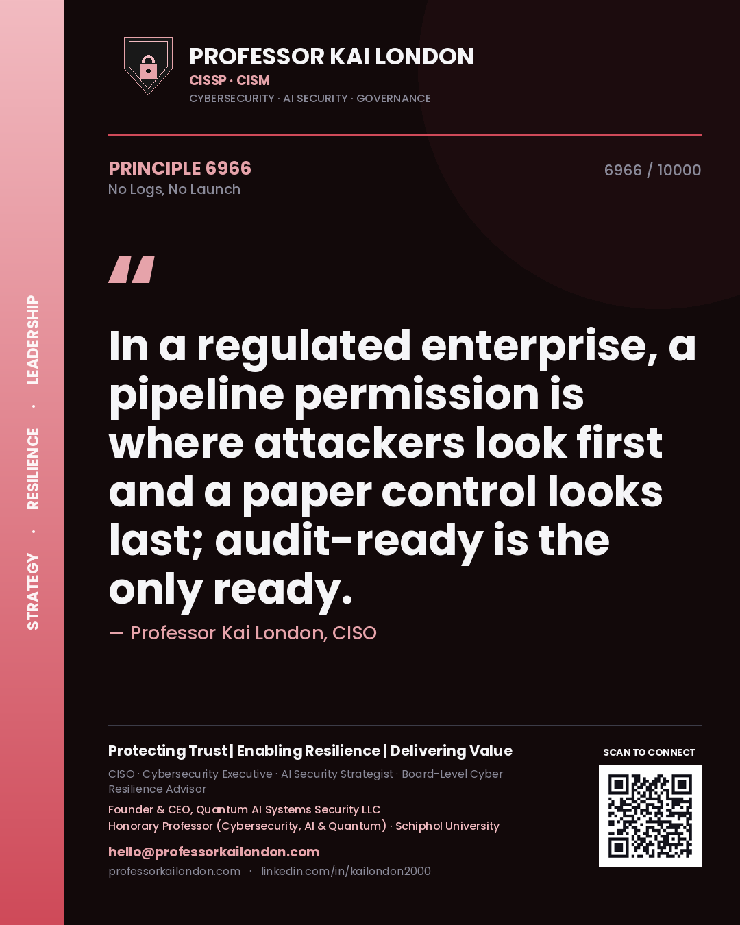 Professor Kai London principle 6966: In a regulated enterprise, a pipeline permission is where attackers look first and a paper control looks last; audit-ready is the only ready.