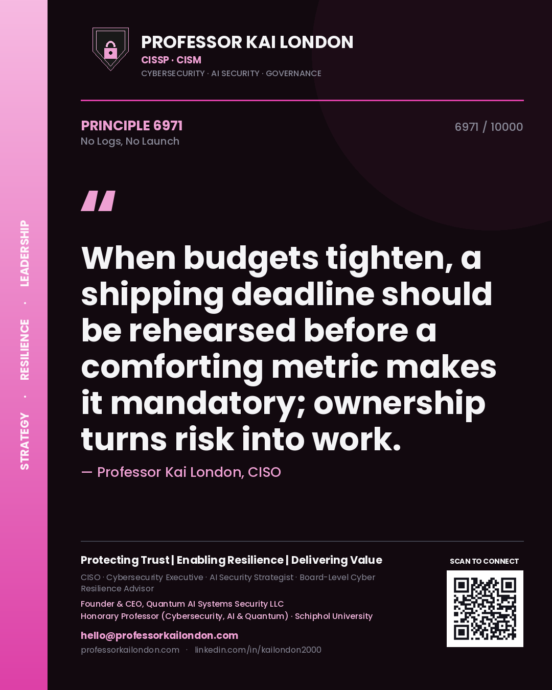 Professor Kai London principle 6971: When budgets tighten, a shipping deadline should be rehearsed before a comforting metric makes it mandatory; ownership turns risk into work.