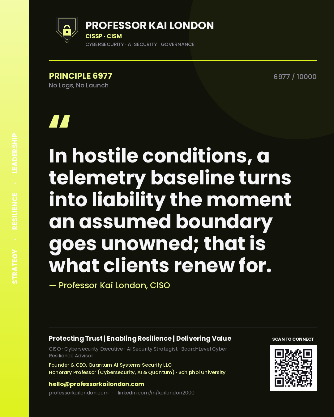 Professor Kai London principle 6977: In hostile conditions, a telemetry baseline turns into liability the moment an assumed boundary goes unowned; that is what clients renew for.