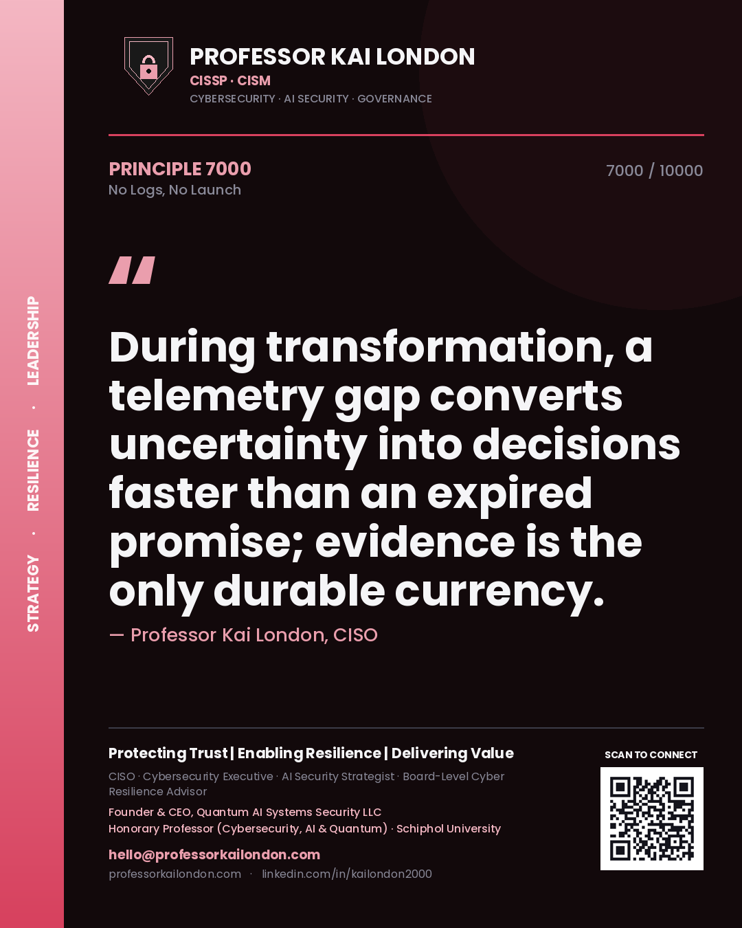 Professor Kai London principle 7000: During transformation, a telemetry gap converts uncertainty into decisions faster than an expired promise; evidence is the only durable currency.