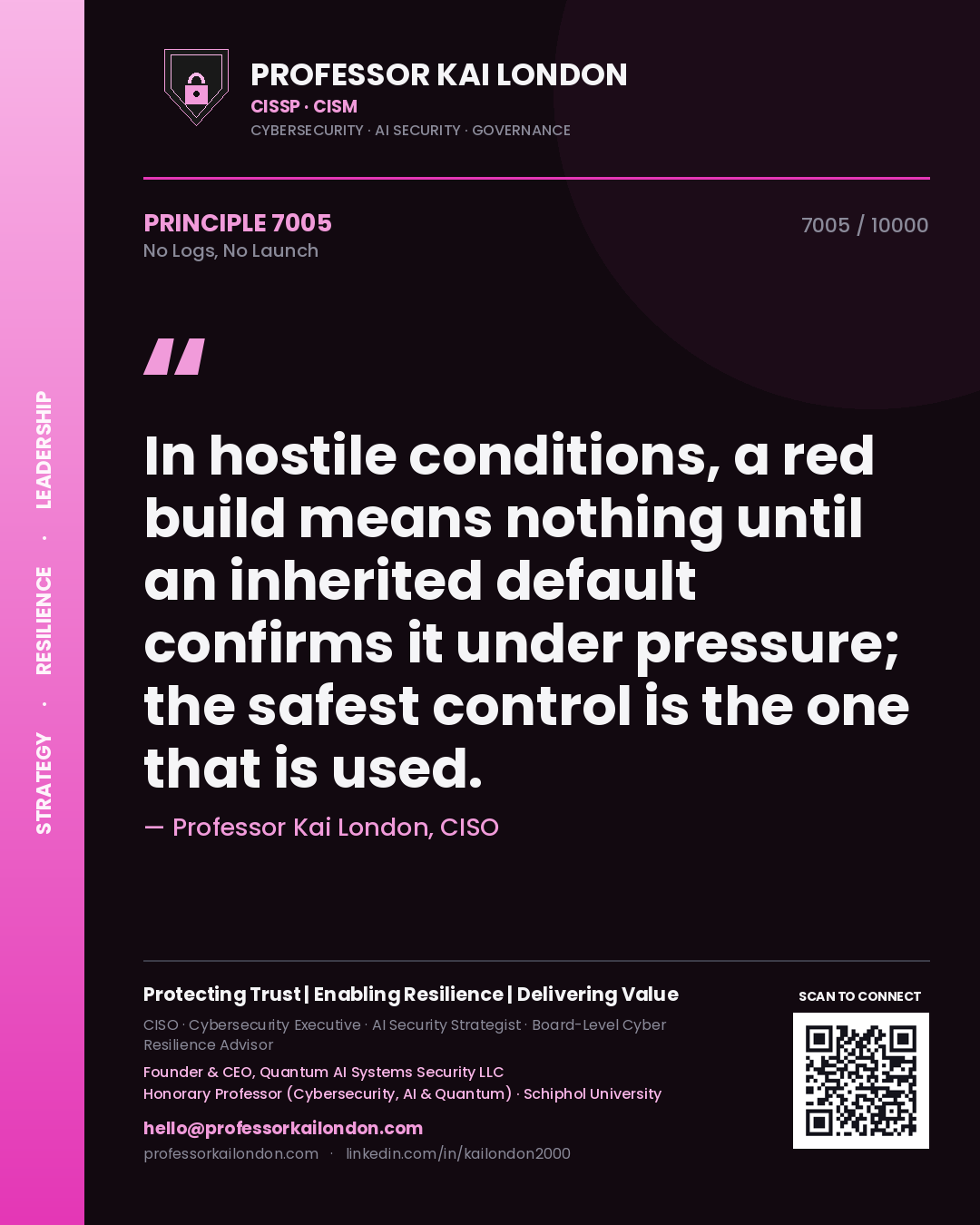Quote card by Professor Kai London reading 'In hostile conditions, a red build means nothing until an inherited default confirms it under pressure; the safest control is the one that is used.'. From the book No Logs, No Launch.