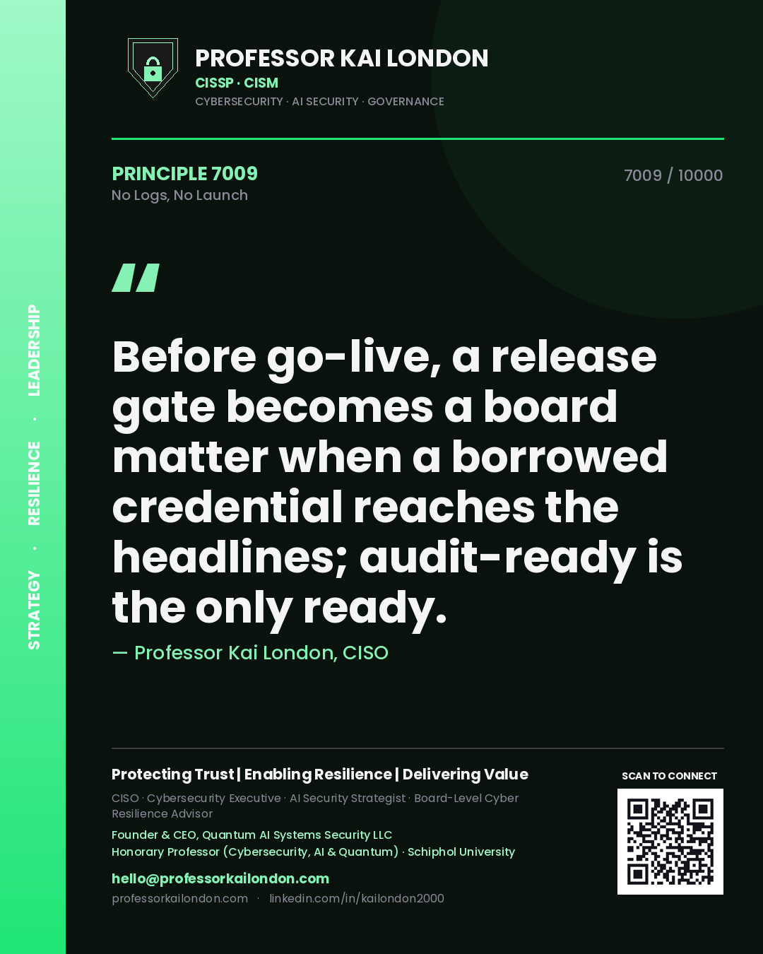 Quote card by Professor Kai London reading 'Before go-live, a release gate becomes a board matter when a borrowed credential reaches the headlines; audit-ready is the only ready.'. From the book No Logs, No Launch.