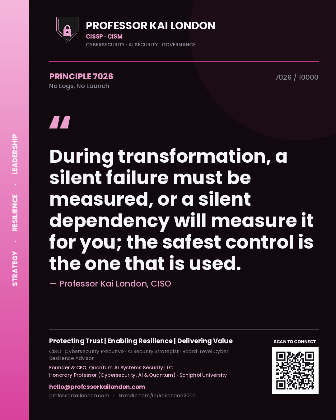 Professor Kai London principle 7026: During transformation, a silent failure must be measured, or a silent dependency will measure it for you; the safest control is the one that is used.