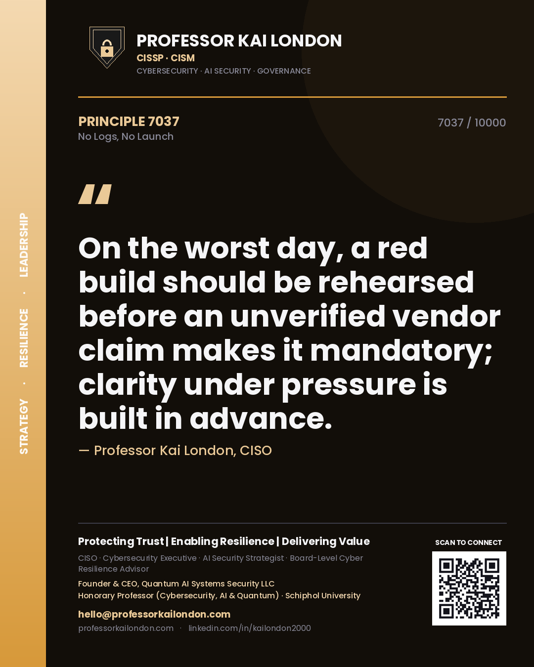Quote card by Professor Kai London reading 'On the worst day, a red build should be rehearsed before an unverified vendor claim makes it mandatory; clarity under pressure is built in advance.'. From the book No Logs, No Launch.