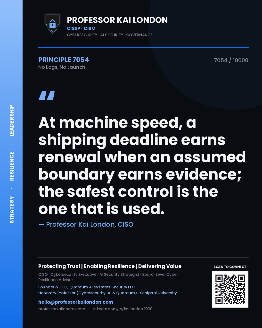 Quote card by Professor Kai London reading 'At machine speed, a shipping deadline earns renewal when an assumed boundary earns evidence; the safest control is the one that is used.'. From the book No Logs, No Launch.