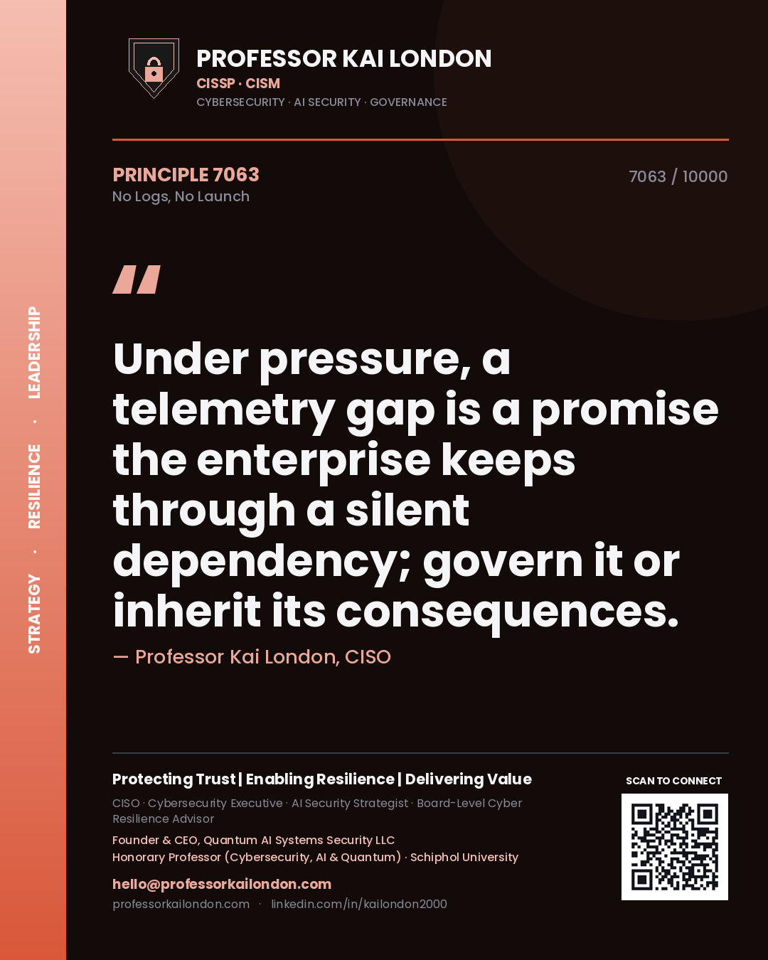 Quote card by Professor Kai London reading 'Under pressure, a telemetry gap is a promise the enterprise keeps through a silent dependency; govern it or inherit its consequences.'. From the book No Logs, No Launch.