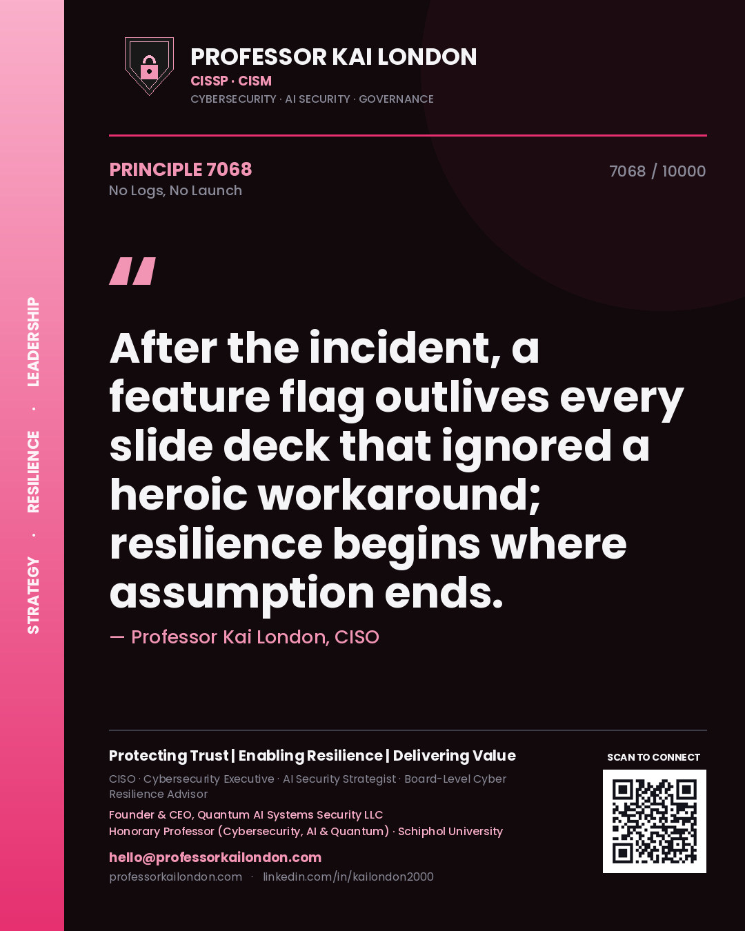 Quote card by Professor Kai London reading 'After the incident, a feature flag outlives every slide deck that ignored a heroic workaround; resilience begins where assumption ends.'. From the book No Logs, No Launch.