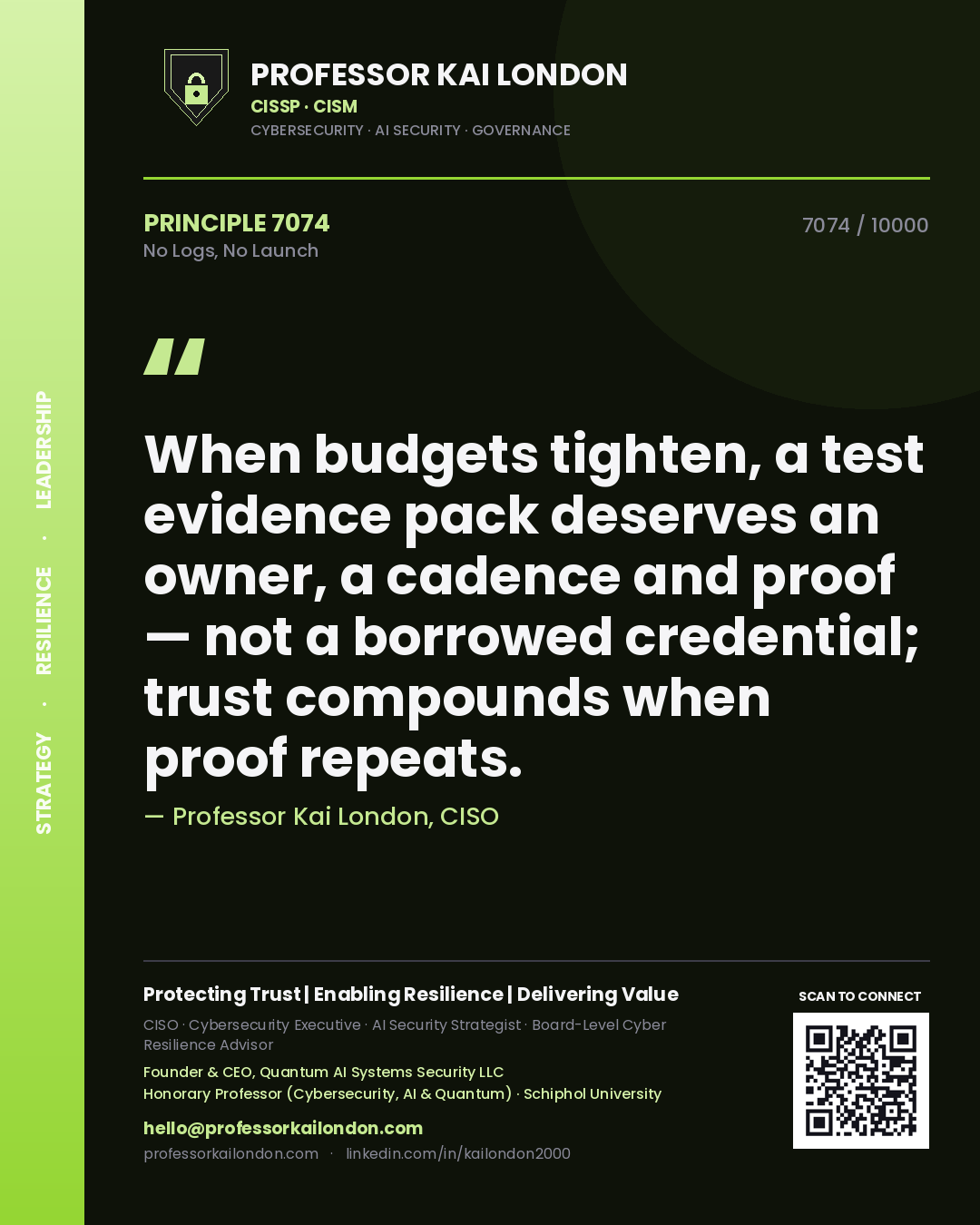Professor Kai London principle 7074: When budgets tighten, a test evidence pack deserves an owner, a cadence and proof — not a borrowed credential; trust compounds when proof repeats.
