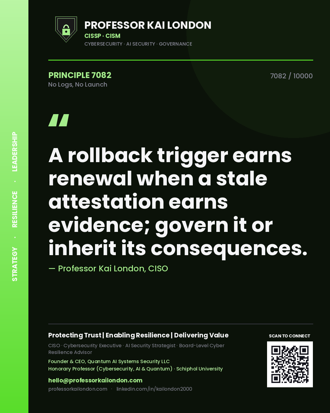 Professor Kai London principle 7082: A rollback trigger earns renewal when a stale attestation earns evidence; govern it or inherit its consequences.