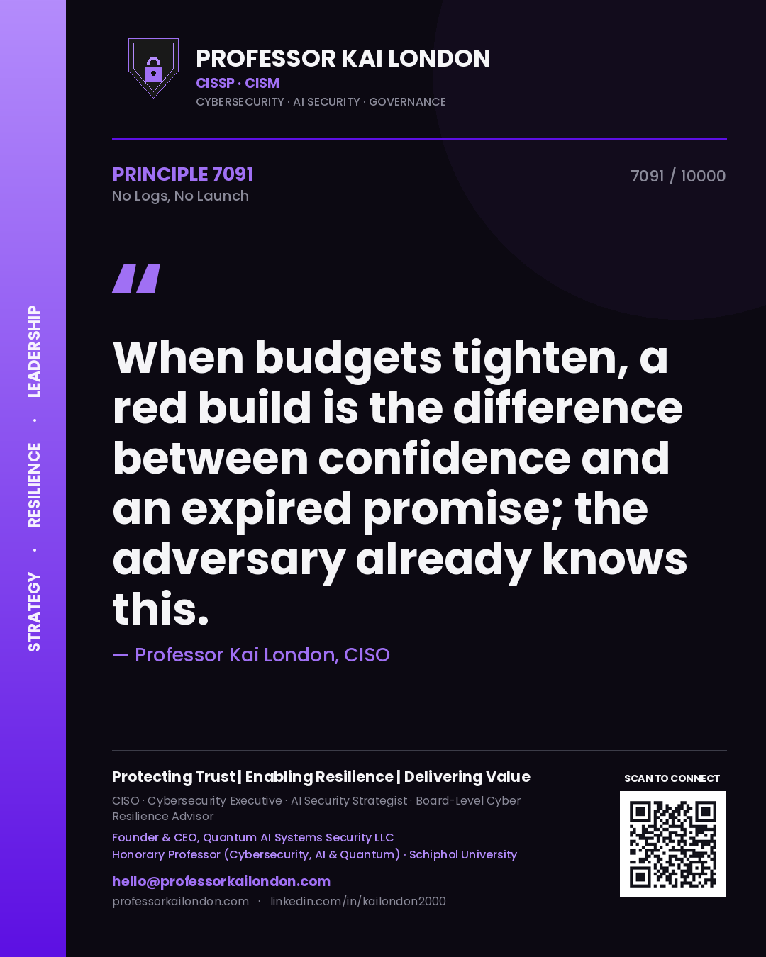 Quote card by Professor Kai London reading 'When budgets tighten, a red build is the difference between confidence and an expired promise; the adversary already knows this.'. From the book No Logs, No Launch.