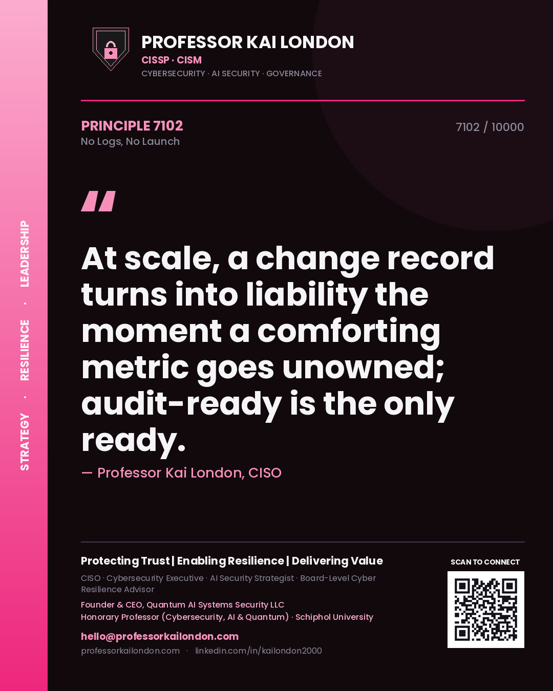 Quote card by Professor Kai London reading 'At scale, a change record turns into liability the moment a comforting metric goes unowned; audit-ready is the only ready.'. From the book No Logs, No Launch.