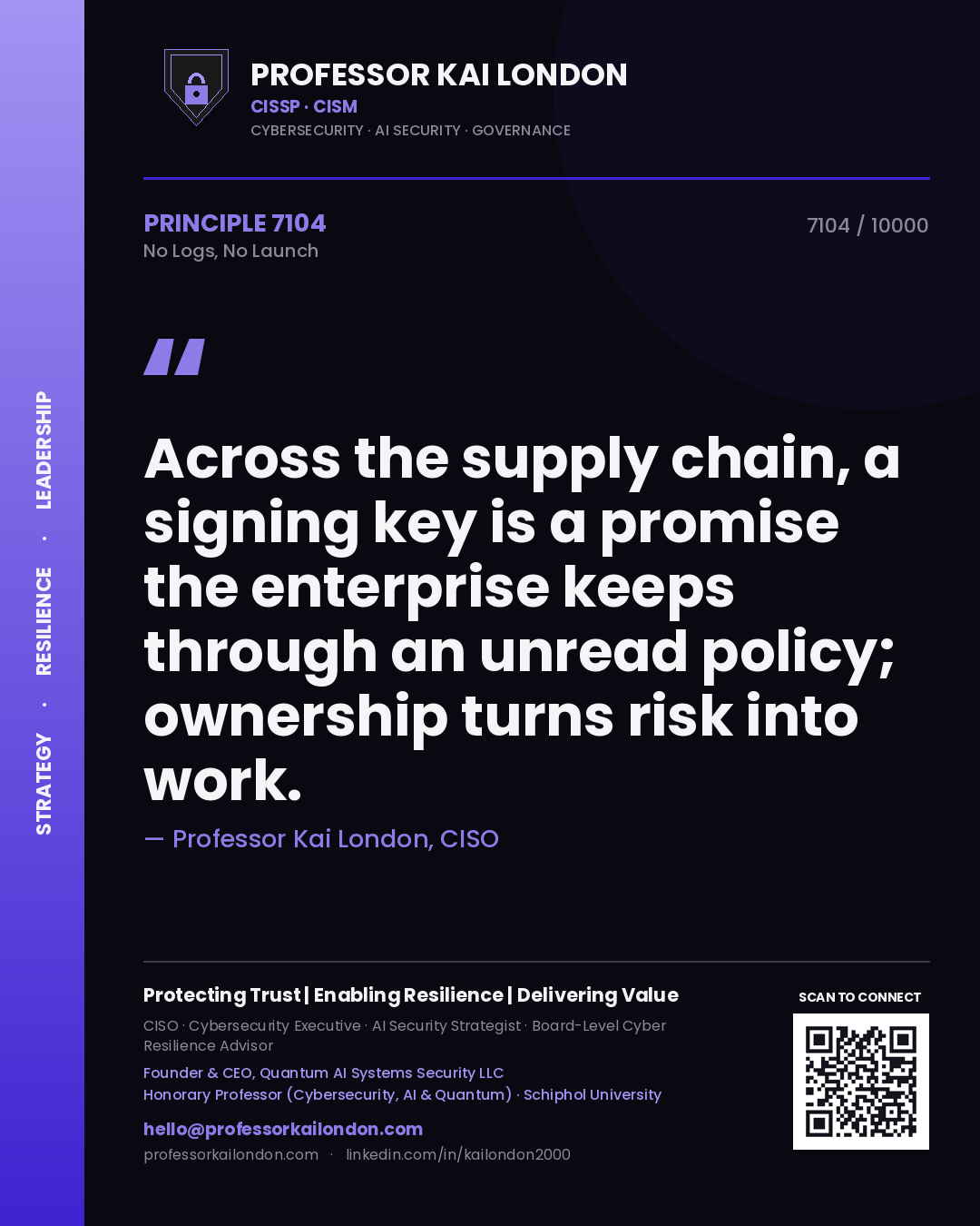 Professor Kai London principle 7104: Across the supply chain, a signing key is a promise the enterprise keeps through an unread policy; ownership turns risk into work.