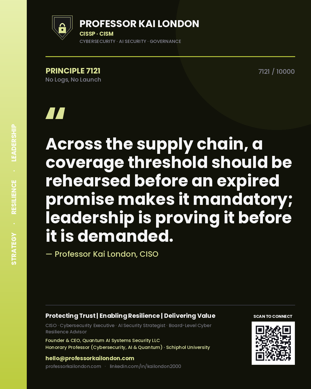 Quote card by Professor Kai London reading 'Across the supply chain, a coverage threshold should be rehearsed before an expired promise makes it mandatory; leadership is proving it before it is demanded.'. From the book No Logs, No Launch.