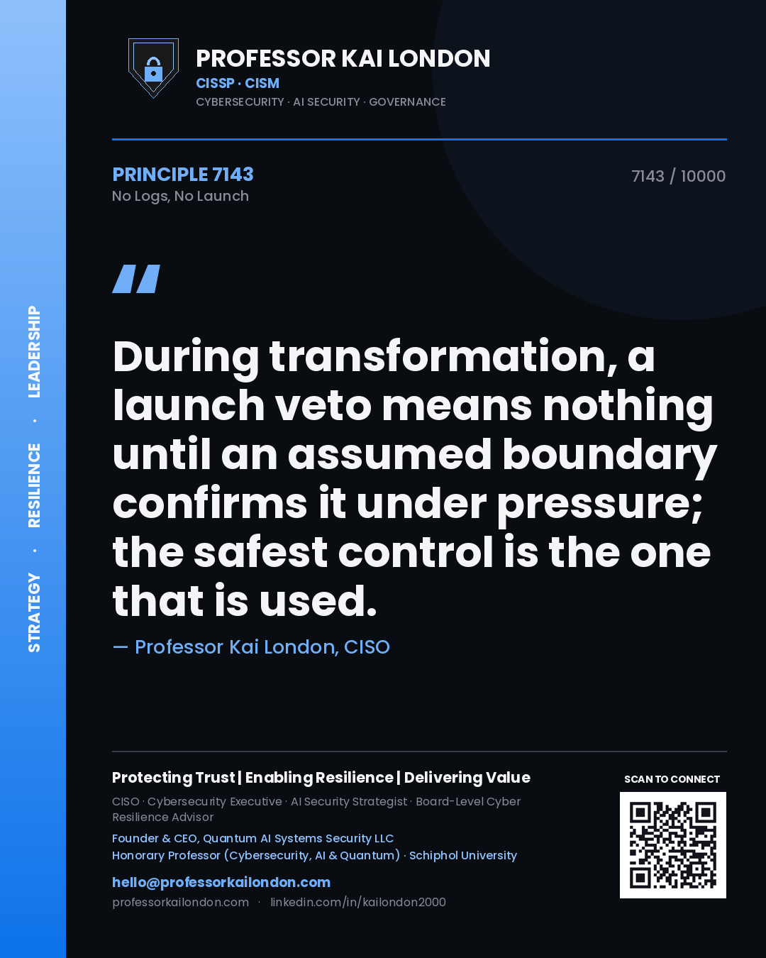 Professor Kai London principle 7143: During transformation, a launch veto means nothing until an assumed boundary confirms it under pressure; the safest control is the one that is used.