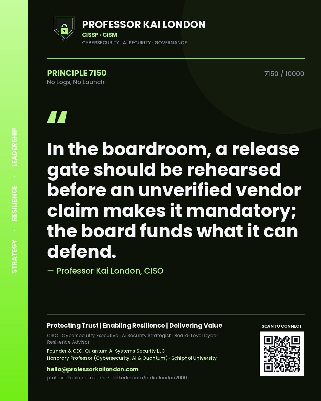 Professor Kai London principle 7150: In the boardroom, a release gate should be rehearsed before an unverified vendor claim makes it mandatory; the board funds what it can defend.