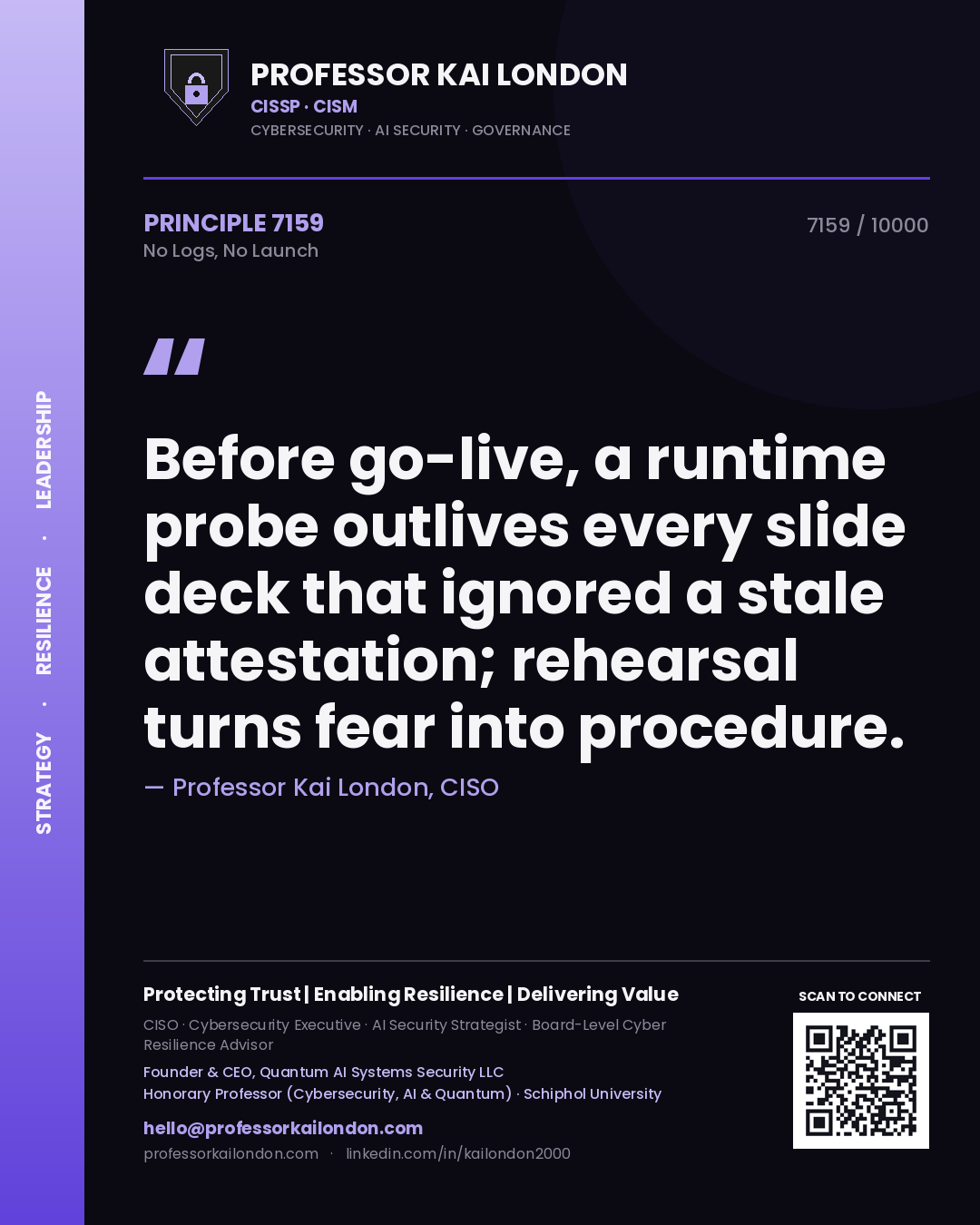 Quote card by Professor Kai London reading 'Before go-live, a runtime probe outlives every slide deck that ignored a stale attestation; rehearsal turns fear into procedure.'. From the book No Logs, No Launch.