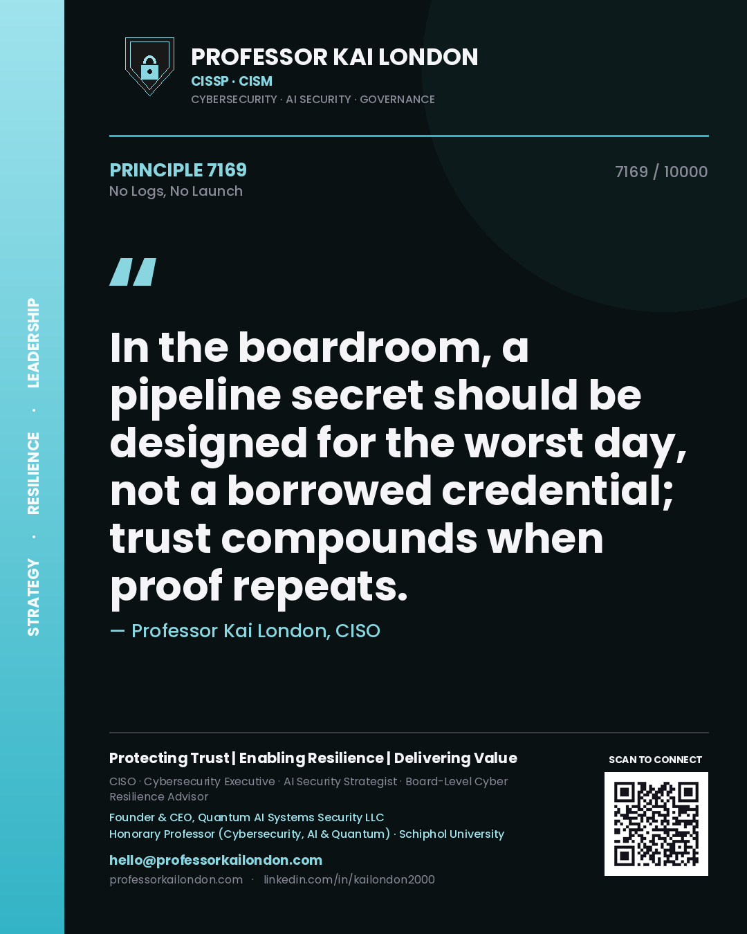 Quote card by Professor Kai London reading 'In the boardroom, a pipeline secret should be designed for the worst day, not a borrowed credential; trust compounds when proof repeats.'. From the book No Logs, No Launch.