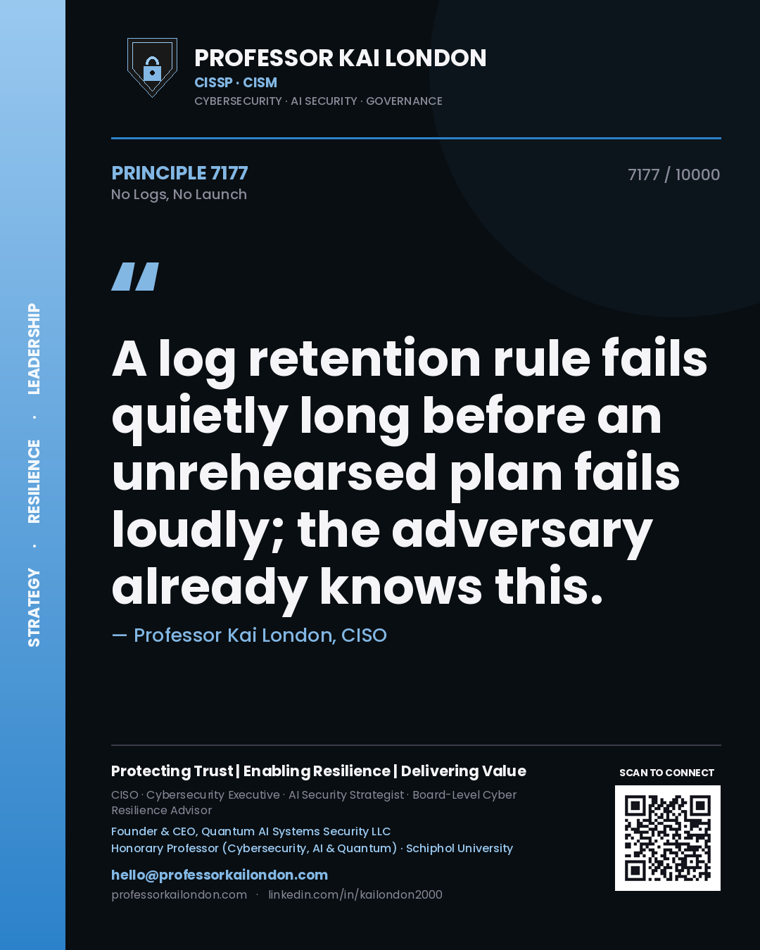 Professor Kai London principle 7177: A log retention rule fails quietly long before an unrehearsed plan fails loudly; the adversary already knows this.