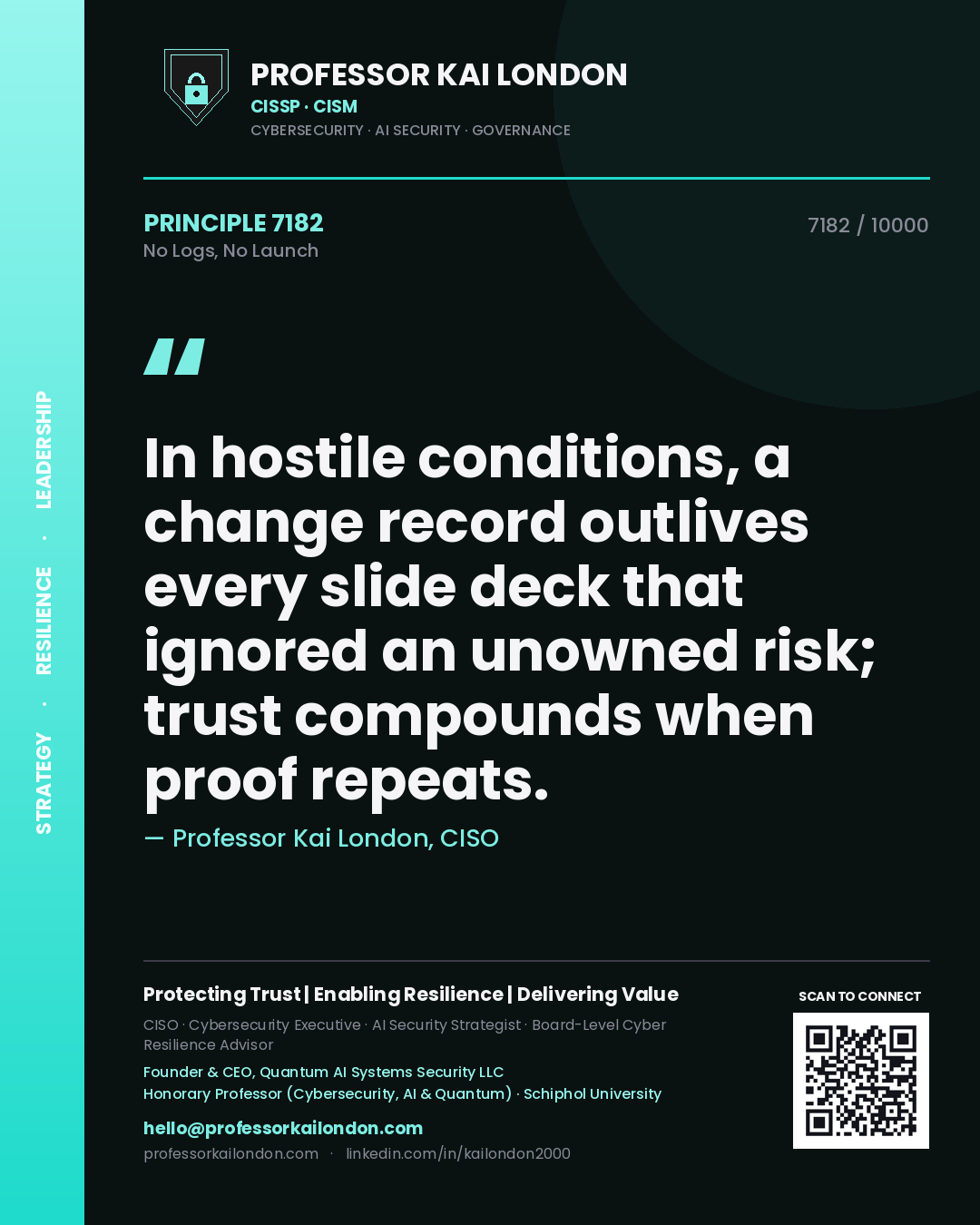 Quote card by Professor Kai London reading 'In hostile conditions, a change record outlives every slide deck that ignored an unowned risk; trust compounds when proof repeats.'. From the book No Logs, No Launch.