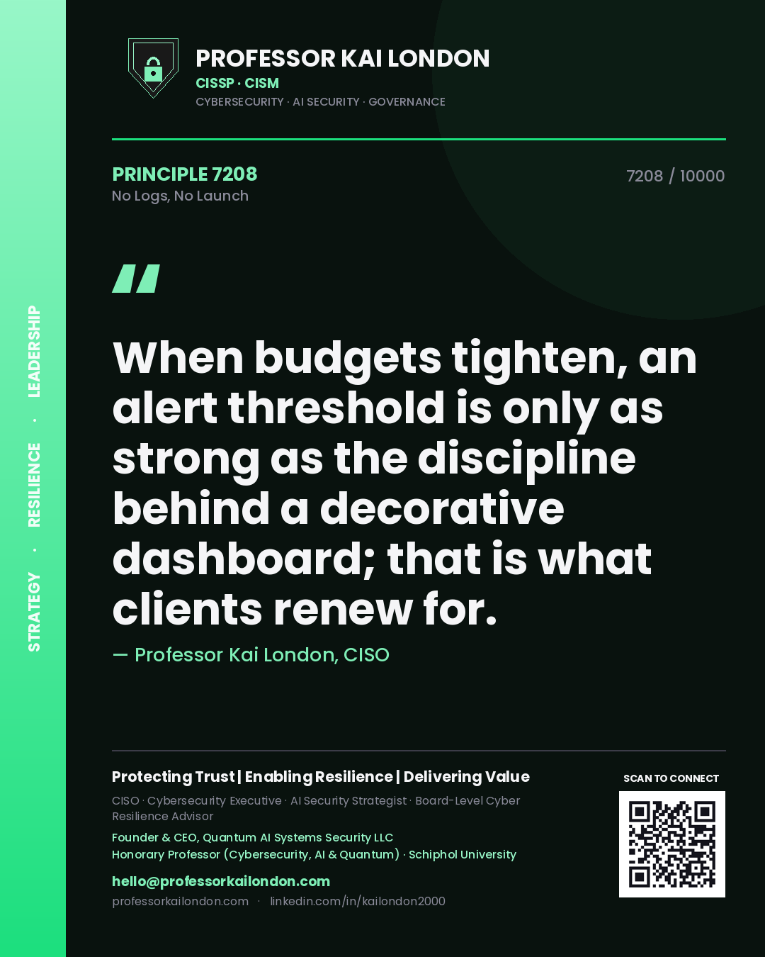 Quote card by Professor Kai London reading 'When budgets tighten, an alert threshold is only as strong as the discipline behind a decorative dashboard; that is what clients renew for.'. From the book No Logs, No Launch.