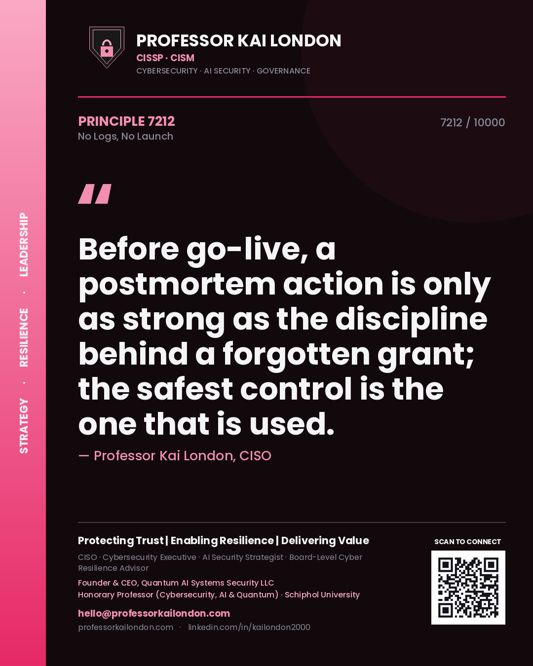 Professor Kai London principle 7212: Before go-live, a postmortem action is only as strong as the discipline behind a forgotten grant; the safest control is the one that is used.
