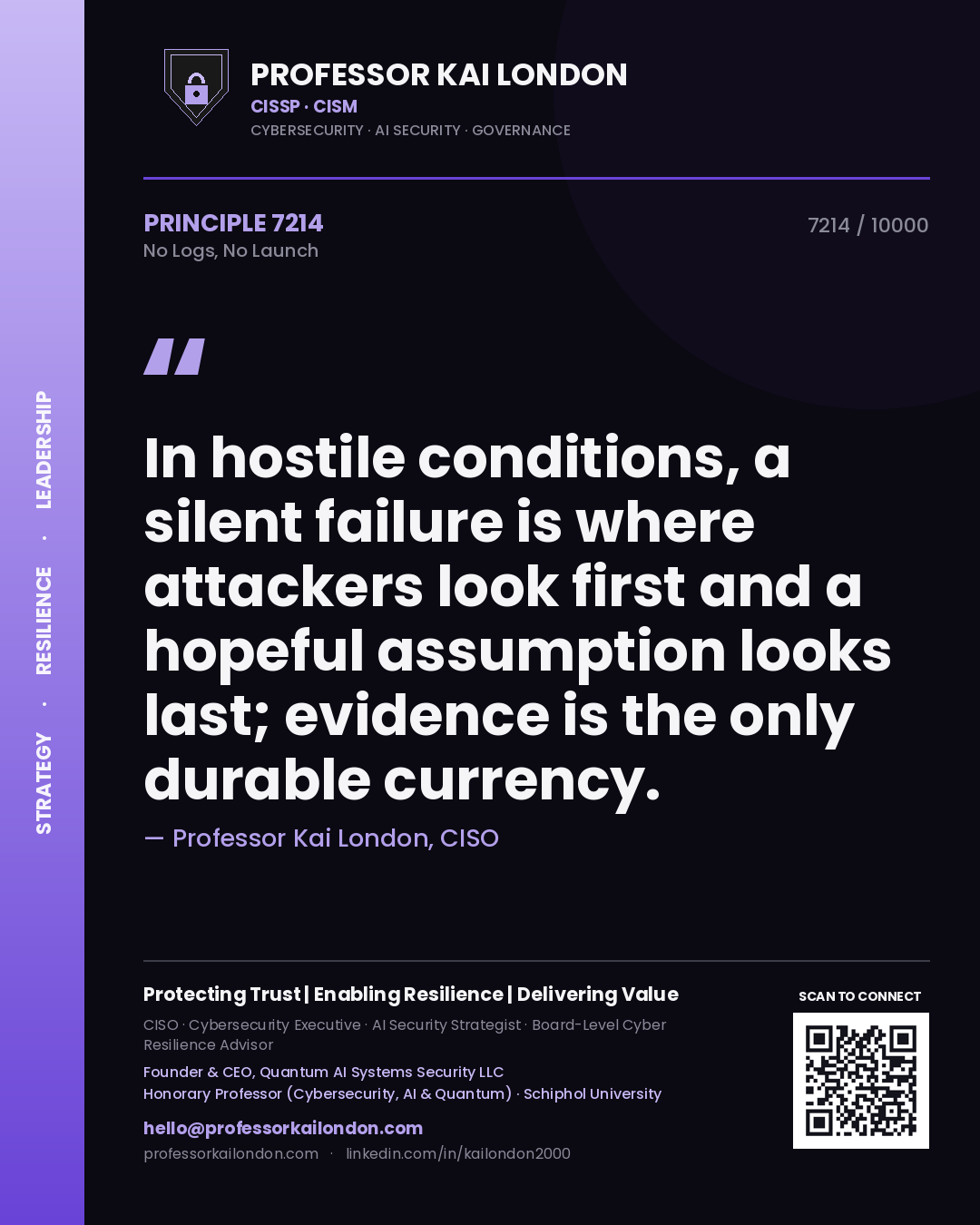 Professor Kai London principle 7214: In hostile conditions, a silent failure is where attackers look first and a hopeful assumption looks last; evidence is the only durable currency.
