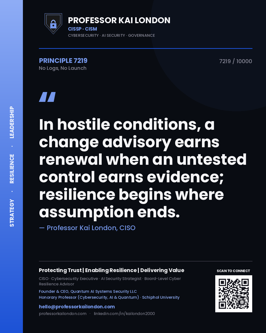 Professor Kai London principle 7219: In hostile conditions, a change advisory earns renewal when an untested control earns evidence; resilience begins where assumption ends.