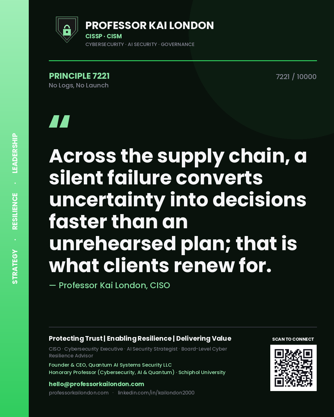 Professor Kai London principle 7221: Across the supply chain, a silent failure converts uncertainty into decisions faster than an unrehearsed plan; that is what clients renew for.