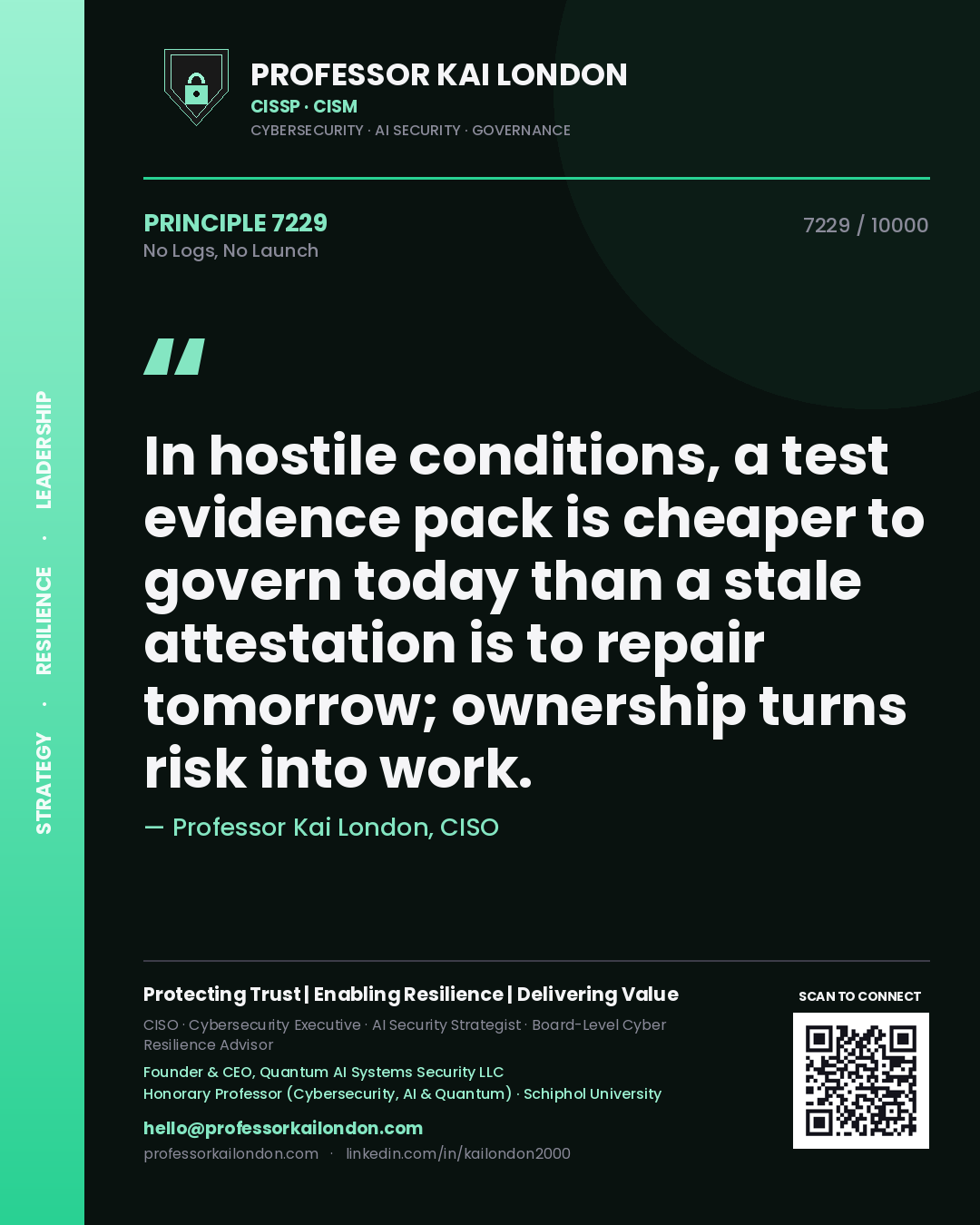 Quote card by Professor Kai London reading 'In hostile conditions, a test evidence pack is cheaper to govern today than a stale attestation is to repair tomorrow; ownership turns risk into work.'. From the book No Logs, No Launch.