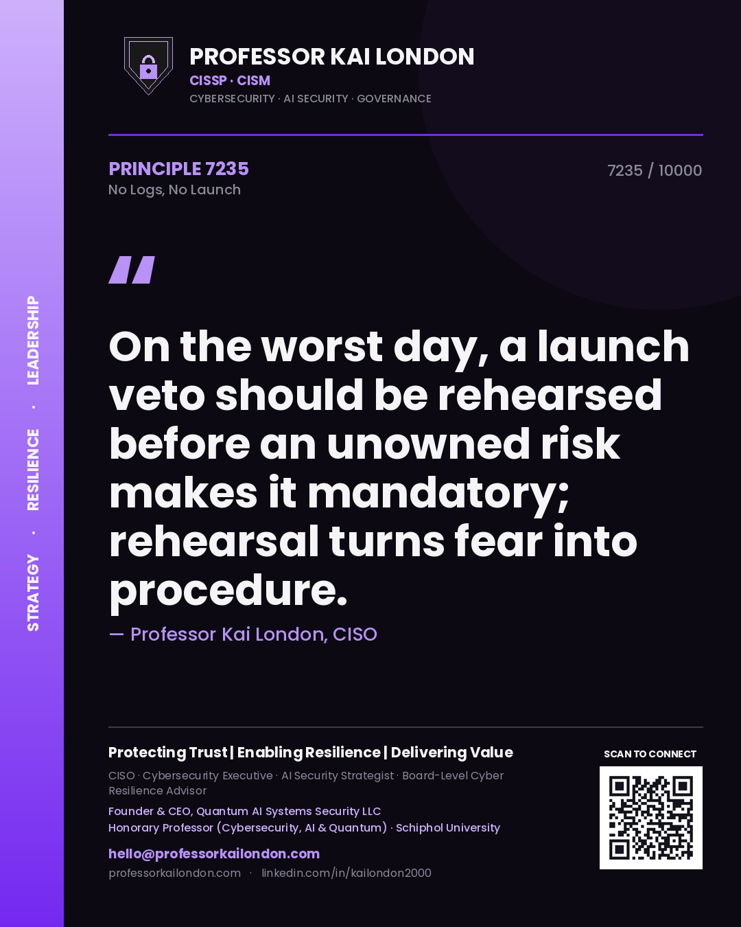 Quote card by Professor Kai London reading 'On the worst day, a launch veto should be rehearsed before an unowned risk makes it mandatory; rehearsal turns fear into procedure.'. From the book No Logs, No Launch.