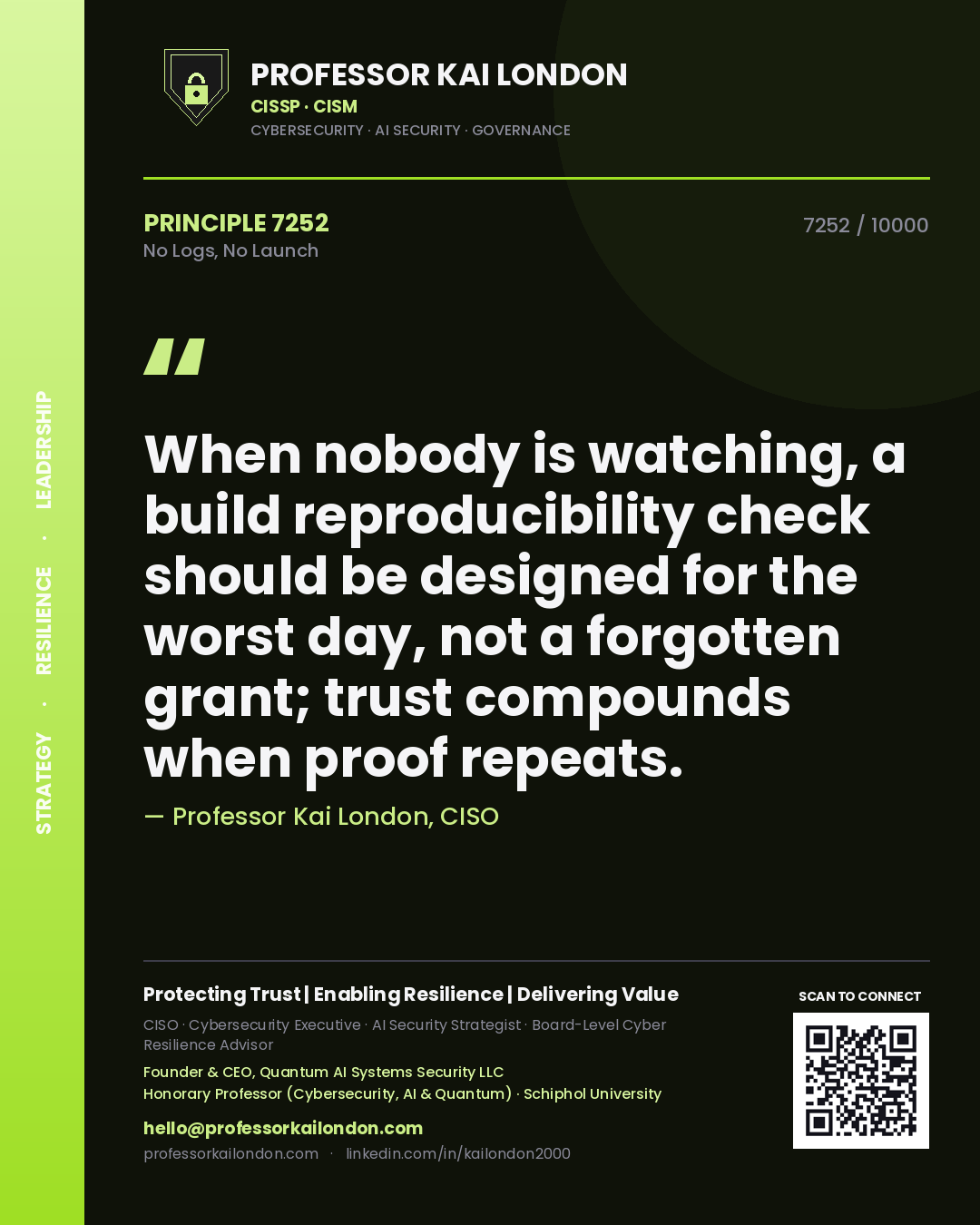 Quote card by Professor Kai London reading 'When nobody is watching, a build reproducibility check should be designed for the worst day, not a forgotten grant; trust compounds when proof repeats.'. From the book No Logs, No Launch.