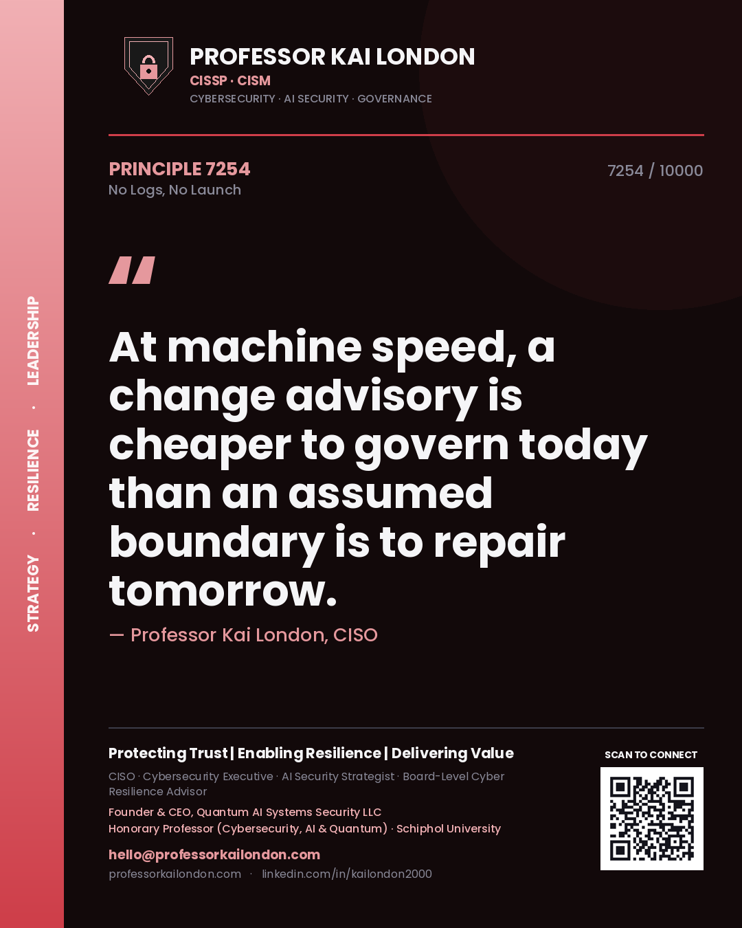 Professor Kai London principle 7254: At machine speed, a change advisory is cheaper to govern today than an assumed boundary is to repair tomorrow.