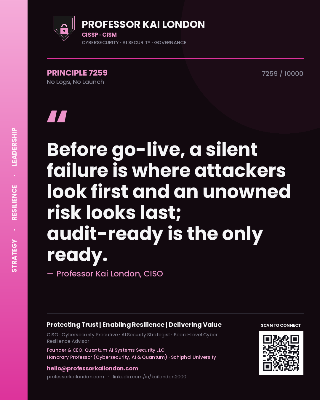 Quote card by Professor Kai London reading 'Before go-live, a silent failure is where attackers look first and an unowned risk looks last; audit-ready is the only ready.'. From the book No Logs, No Launch.