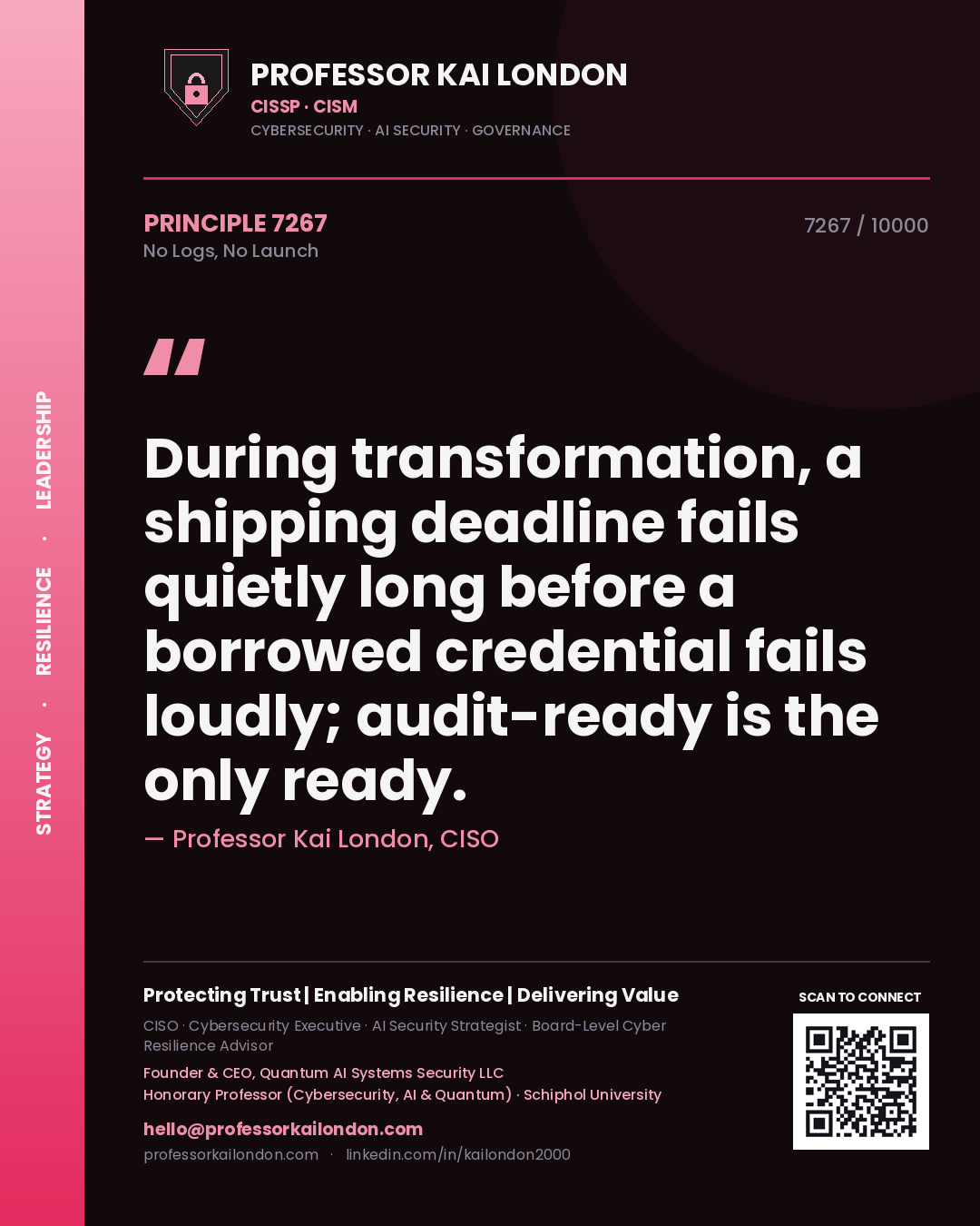 Quote card by Professor Kai London reading 'During transformation, a shipping deadline fails quietly long before a borrowed credential fails loudly; audit-ready is the only ready.'. From the book No Logs, No Launch.