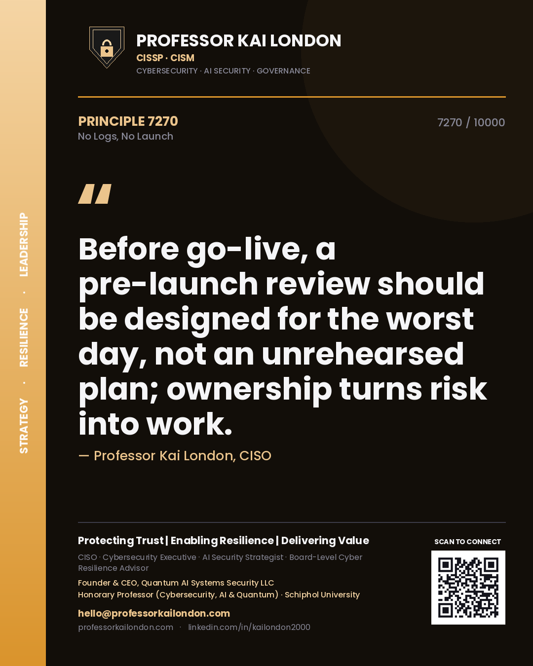 Professor Kai London principle 7270: Before go-live, a pre-launch review should be designed for the worst day, not an unrehearsed plan; ownership turns risk into work.