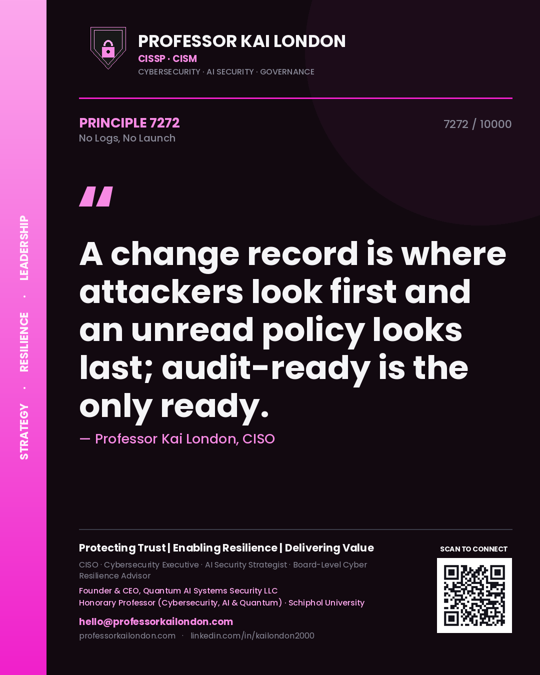 Quote card by Professor Kai London reading 'A change record is where attackers look first and an unread policy looks last; audit-ready is the only ready.'. From the book No Logs, No Launch.