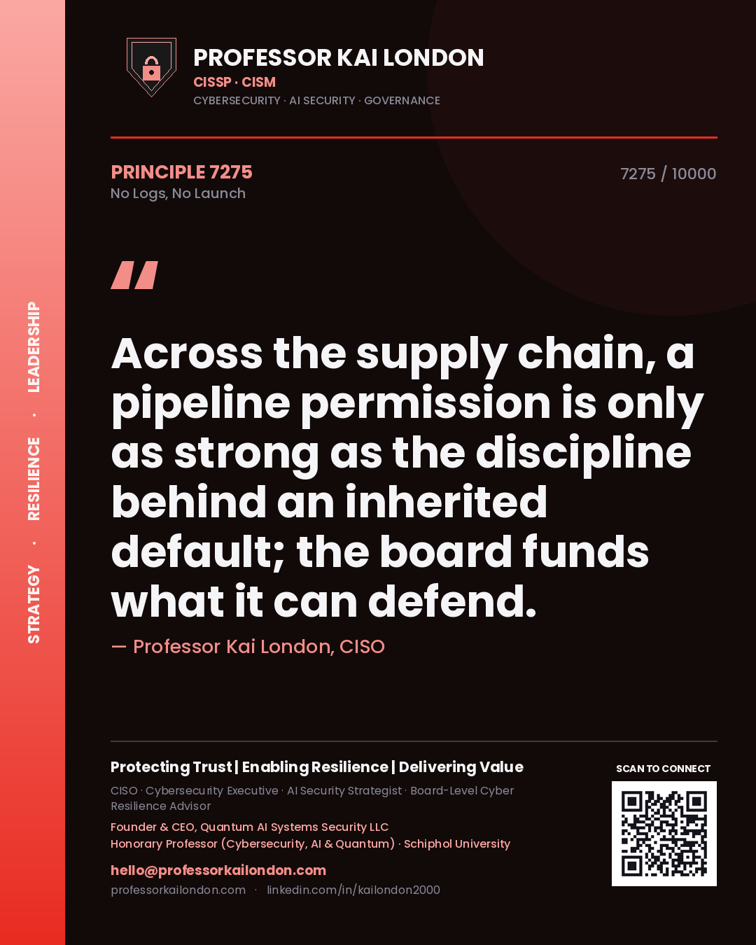 Professor Kai London principle 7275: Across the supply chain, a pipeline permission is only as strong as the discipline behind an inherited default; the board funds what it can defend.