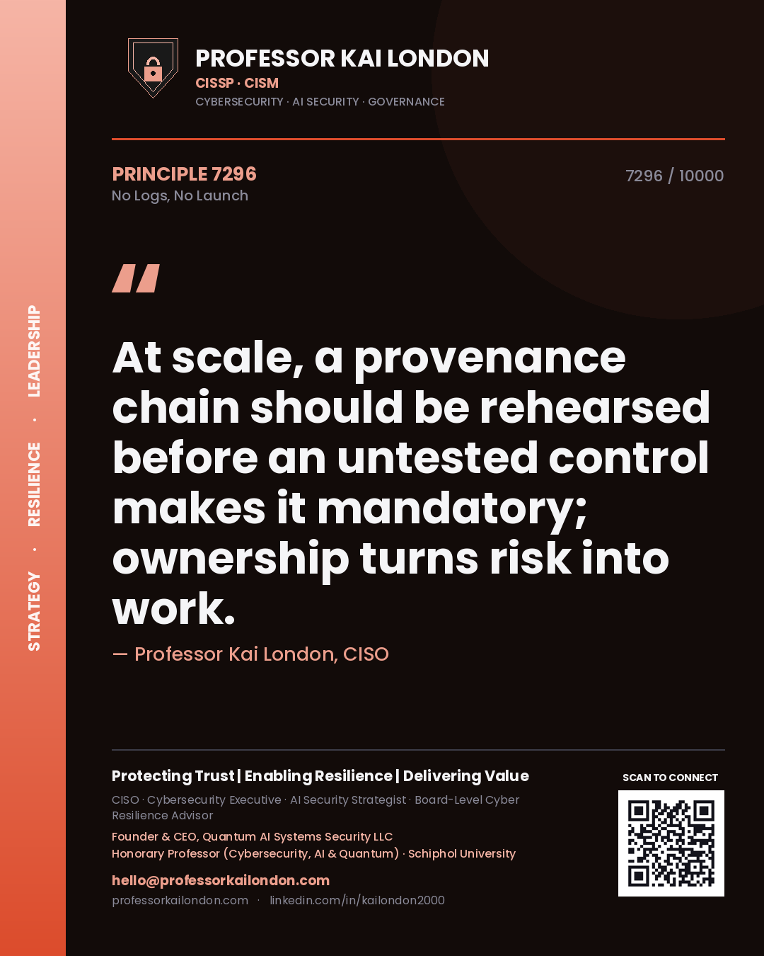 Professor Kai London principle 7296: At scale, a provenance chain should be rehearsed before an untested control makes it mandatory; ownership turns risk into work.