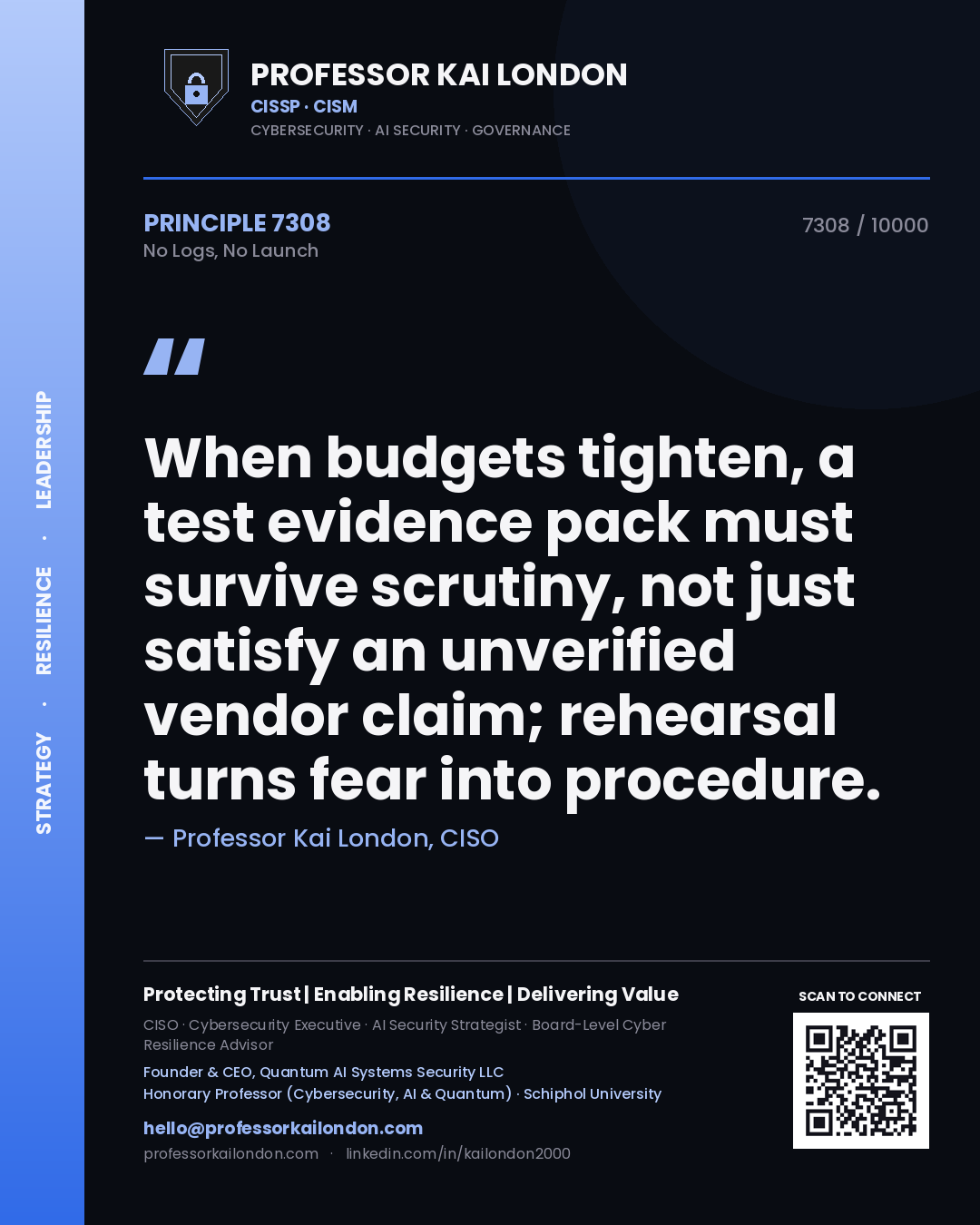 Quote card by Professor Kai London reading 'When budgets tighten, a test evidence pack must survive scrutiny, not just satisfy an unverified vendor claim; rehearsal turns fear into procedure.'. From the book No Logs, No Launch.