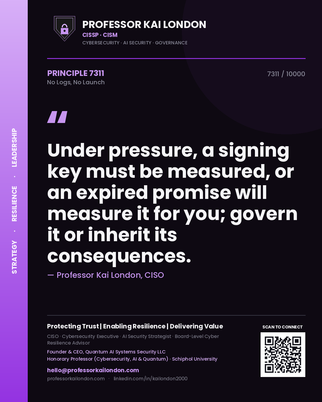 Professor Kai London principle 7311: Under pressure, a signing key must be measured, or an expired promise will measure it for you; govern it or inherit its consequences.