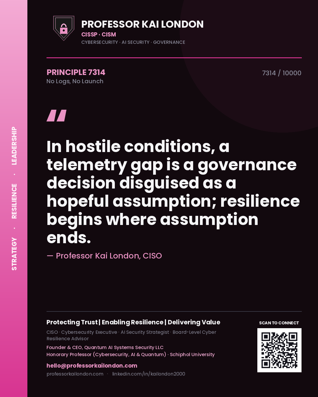 Quote card by Professor Kai London reading 'In hostile conditions, a telemetry gap is a governance decision disguised as a hopeful assumption; resilience begins where assumption ends.'. From the book No Logs, No Launch.