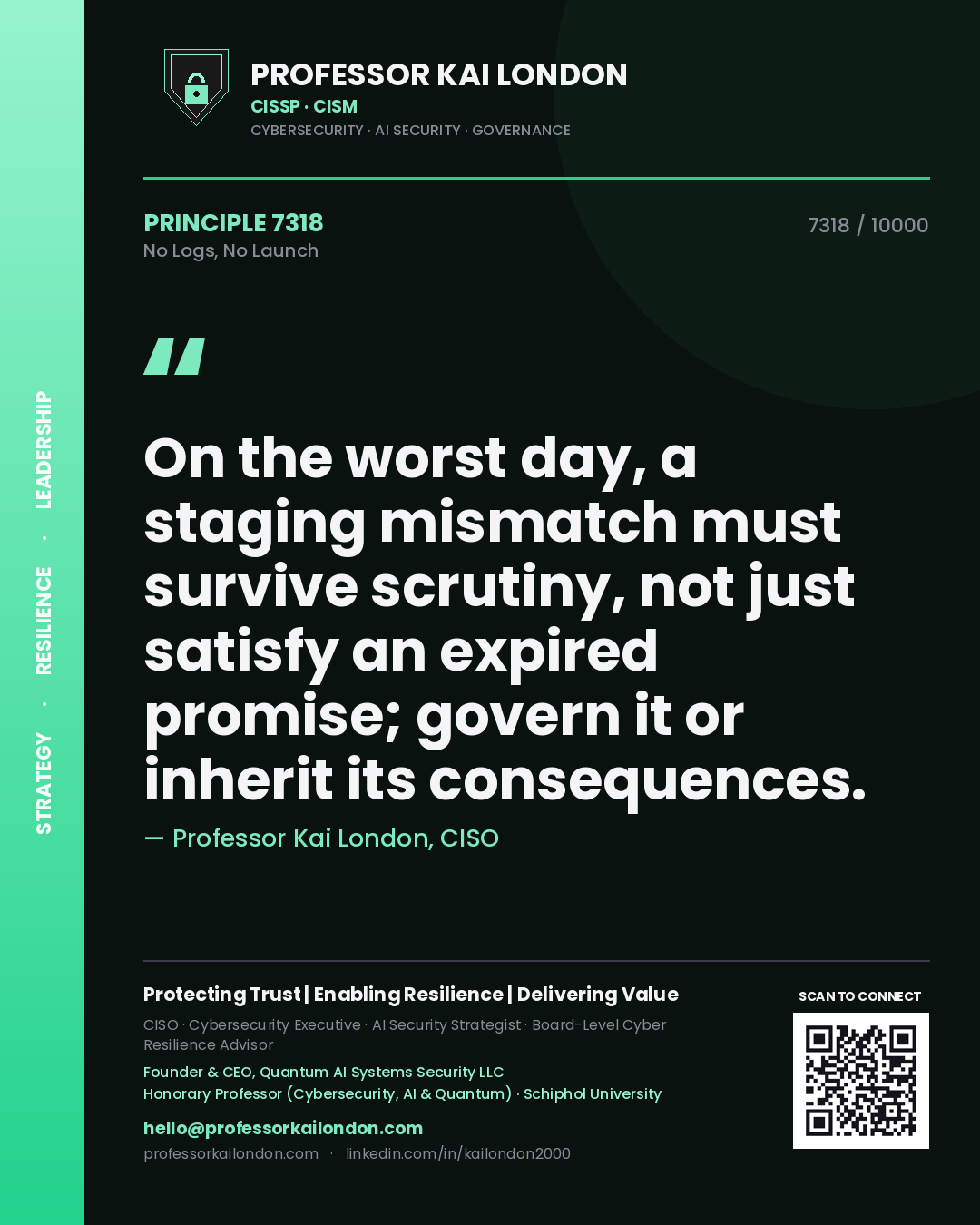 Quote card by Professor Kai London reading 'On the worst day, a staging mismatch must survive scrutiny, not just satisfy an expired promise; govern it or inherit its consequences.'. From the book No Logs, No Launch.