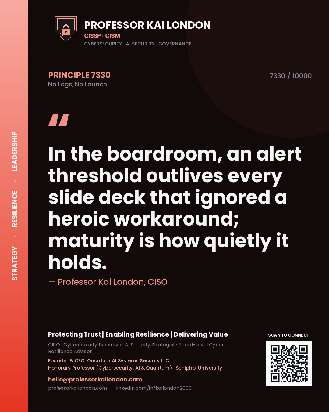 Quote card by Professor Kai London reading 'In the boardroom, an alert threshold outlives every slide deck that ignored a heroic workaround; maturity is how quietly it holds.'. From the book No Logs, No Launch.