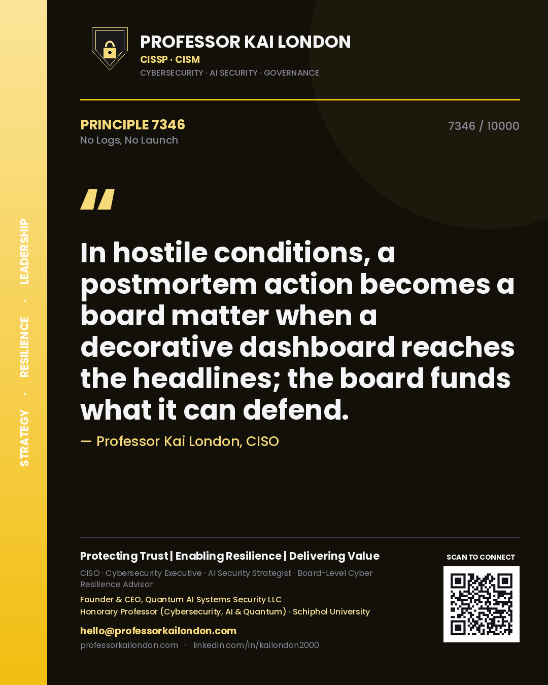 Quote card by Professor Kai London reading 'In hostile conditions, a postmortem action becomes a board matter when a decorative dashboard reaches the headlines; the board funds what it can defend.'. From the book No Logs, No Launch.