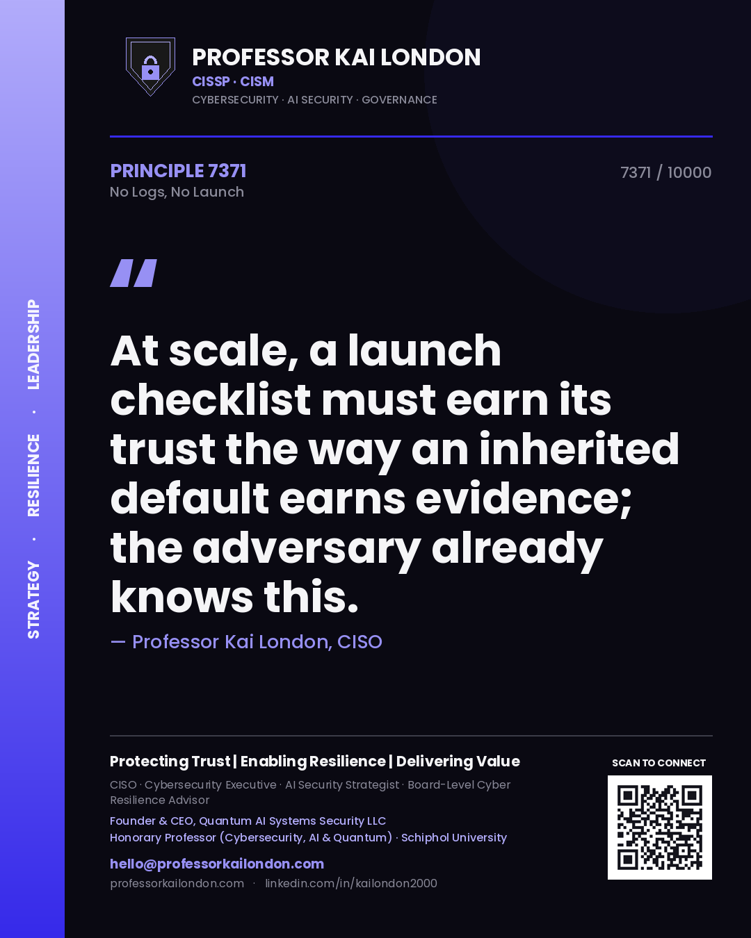 Professor Kai London principle 7371: At scale, a launch checklist must earn its trust the way an inherited default earns evidence; the adversary already knows this.